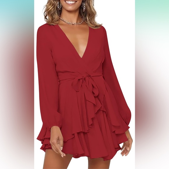 NEW Bonkwa Tiered Ruffle Hem Wrap V Neck Tie Waist Long Sleeve Red Dress Large - Picture 2 of 14